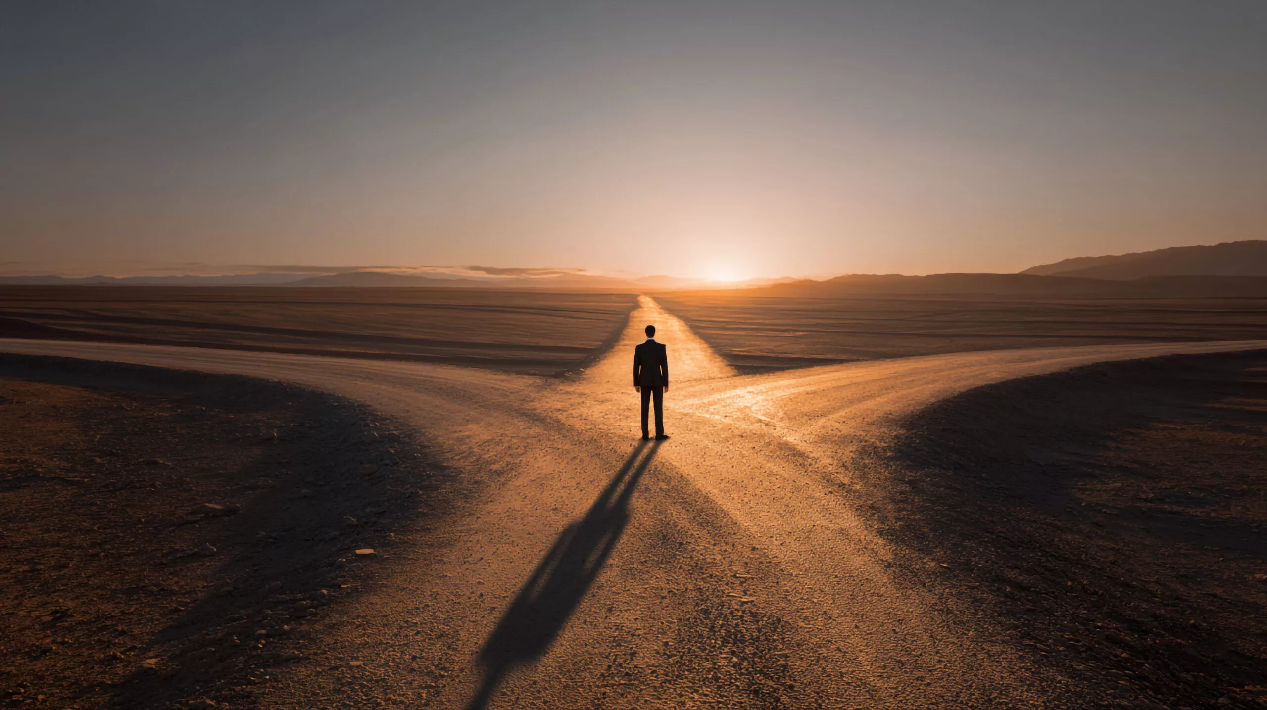 Lone businessman standing at a desert crossroads at sunset, symbolizing decision making, choice, and pathfinding in life or career.