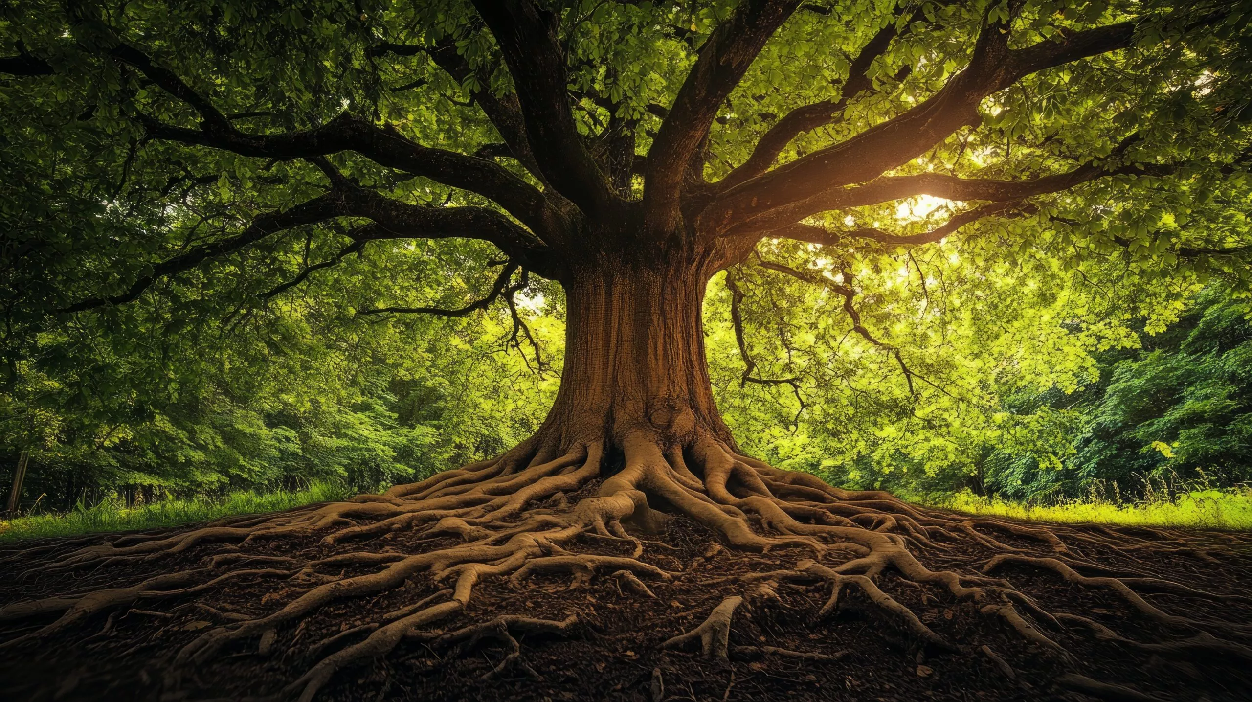 Thick branches of chestnut tree, composition from branches to roots