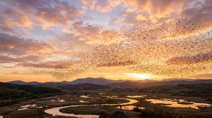 A massive flock of starlings creates a mesmerizing murmuration in the sky during a vibrant sunset over a scenic river valley and rolling mountains