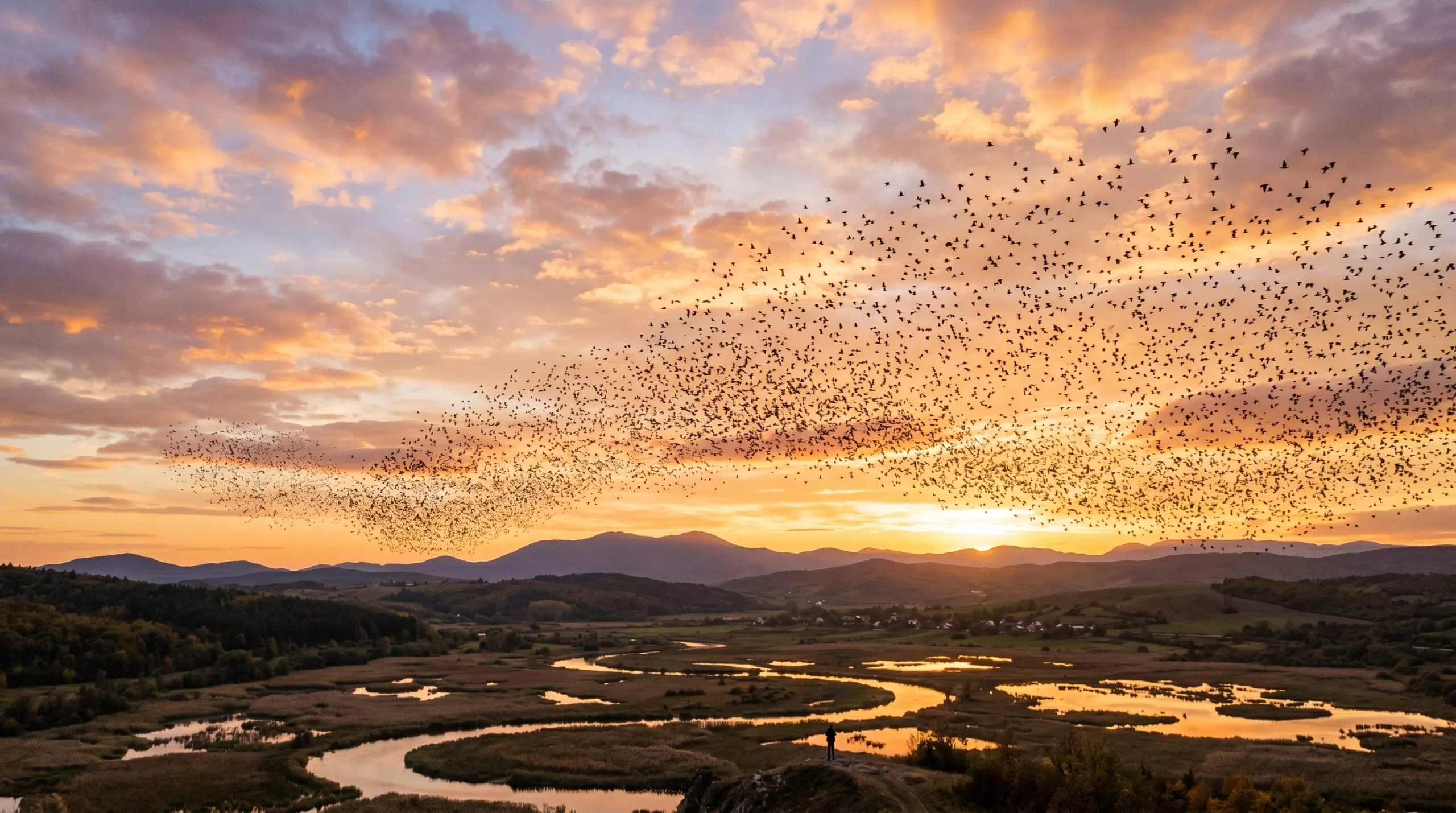 A massive flock of starlings creates a mesmerizing murmuration in the sky during a vibrant sunset over a scenic river valley and rolling mountains