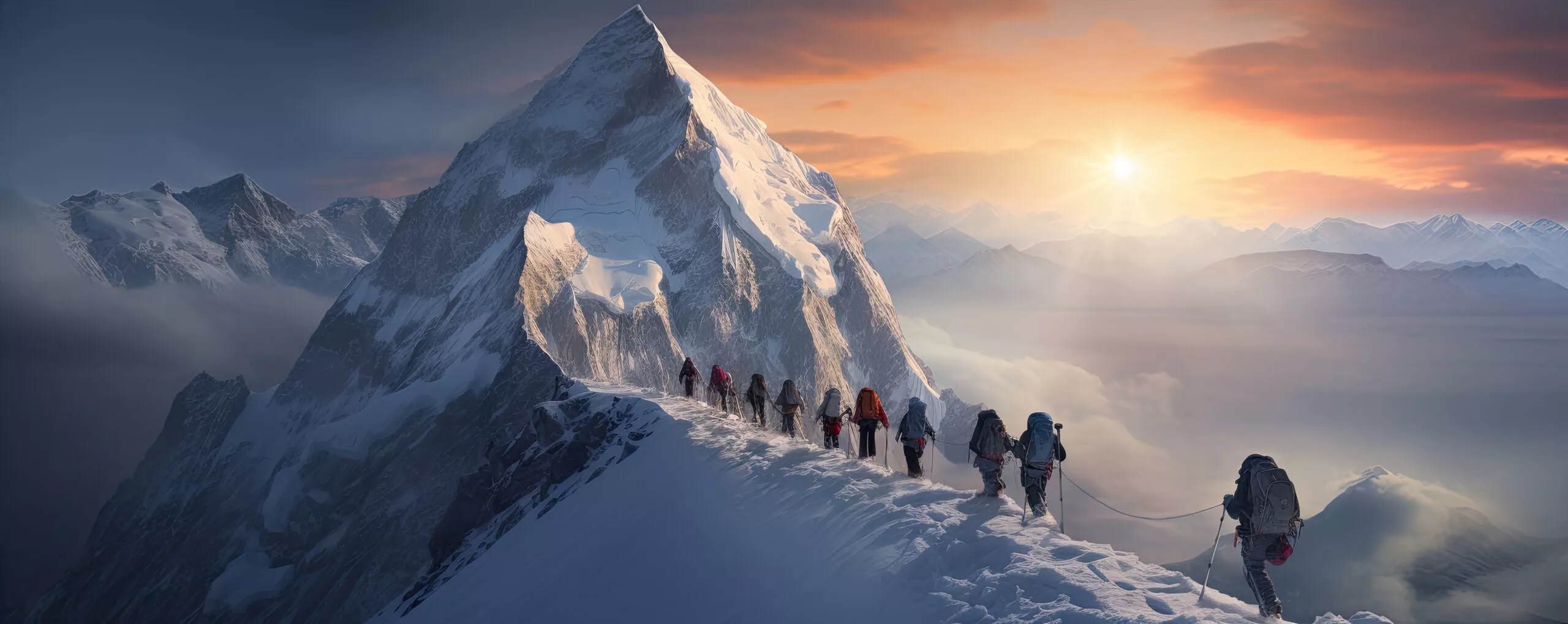 A group of tourists climbing on the mountains. generative ai