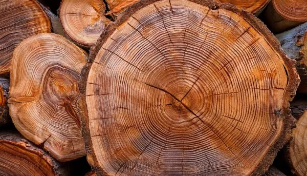 close up view of stacked cut wooden logs with visible tree rings and rough bark texture showing natural warm tones and patterns