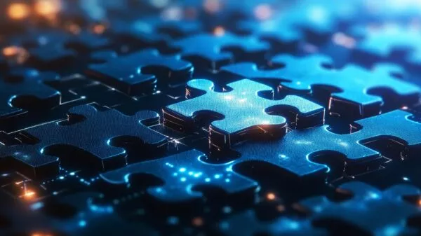 Digital Puzzle, Technology Concept Glowing Jigsaw Pieces on Blue Futuristic Background