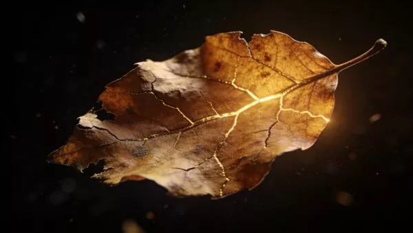 Golden Kintsugi Veins Illuminate a Dry Autumn Leaf on Dark Background