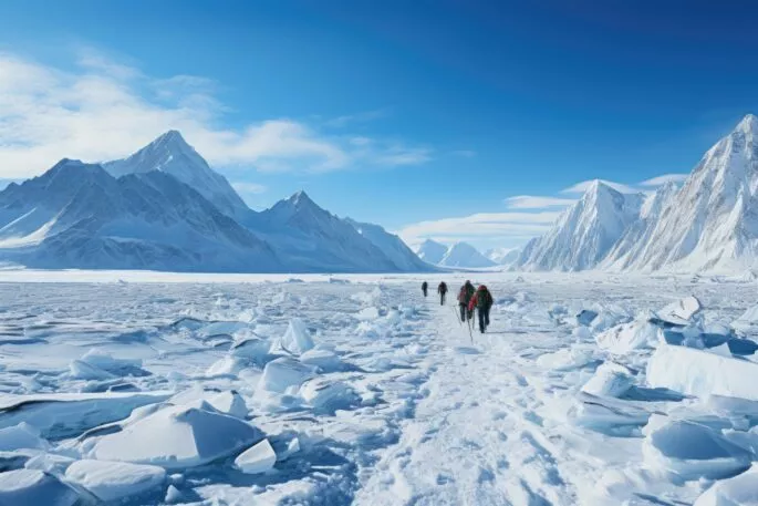 Expedition team crossing a glacier with mountaintops – stock photography