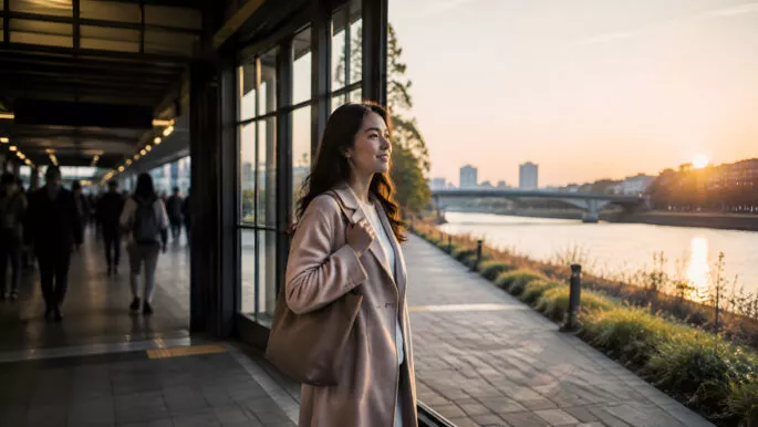 Woman stands by large window, gazing at sunset over river. scene captures calm transition from day to night, with city buildings in background
