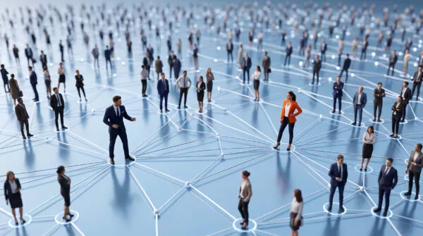 A network of people connected by lines, symbolizing global connections, teamwork, and data flow, representing a digital or business community.